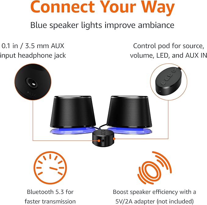 Amazon Basics Bluetooth Computer Speakers with USB 3.0, LED Blue Lighting, Volume Control, USB Powered, Set of 2 - Image 2