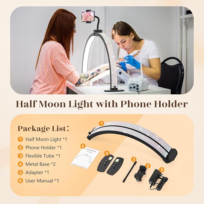 Yokilly Half Moon Light for Nail Desk: 29" Foldable Nail Light for Desk | Arch Nail Tech Light with Phone Holder for Beginner - 3 Color Modes & 10 Brightness for Manicure Salon-Black - Image 7