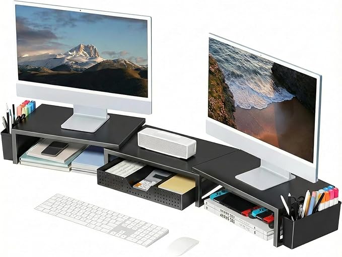 Desk Organizers and Accessories, Dual Monitor Stand Riser with Drawer and 2 Pen Holders, Desk Shelf Computer Racks for Office Workspace Organizers, Desktop Organization (Black) by OPNICE