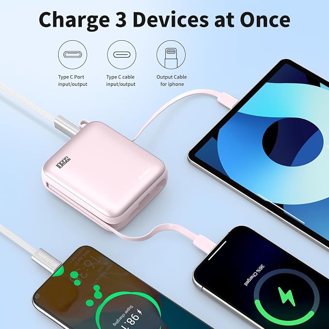 10000mAh Small Portable Charger with Built in Cables LED Display Pink | Mini Power Bank 22.5W USB-C Fast Charging Battery Pack, Travel Essential Power Bank for iPhone, iPad, Samsung, Android - Image 4
