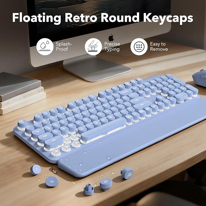 Wireless Keyboard and Mouse Combo, Backlit Round Keycaps, Retro Typewriter Keyboard with Detachable Wrist Rest, Rechargeable & Tilt Legs, 2.4GHz Cordless Connection for Windows/PC (Glowing Purple) | Rechargeable & Tilt Legs, Full-Size Typewriter-Style,... - Image 4