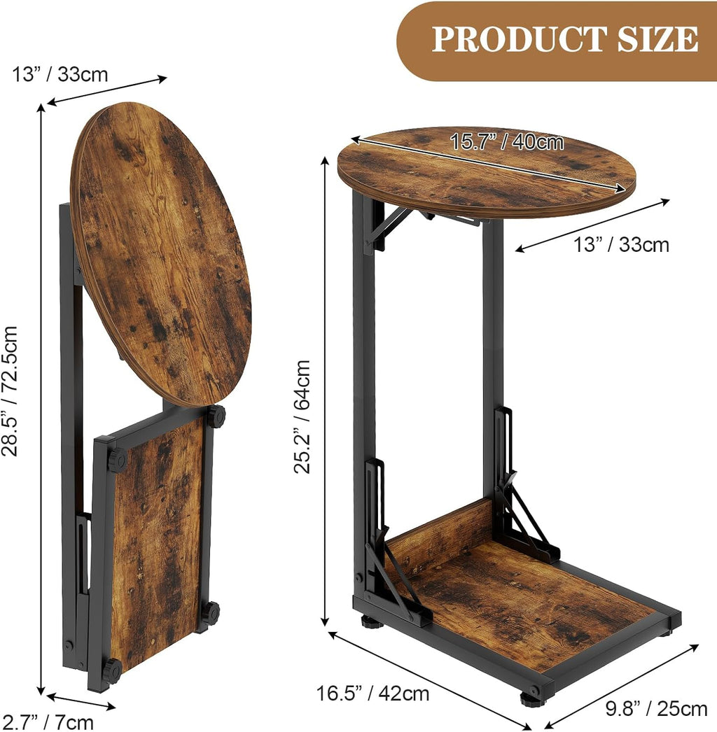 C Shaped Side Table, Folding End Table with Metal Frame, Foldable Table for Eating, Couch Sofa Table,Slide Under TV Tray Table for Living Room, Bedroom, Small Spaces (Brown) - Image 3