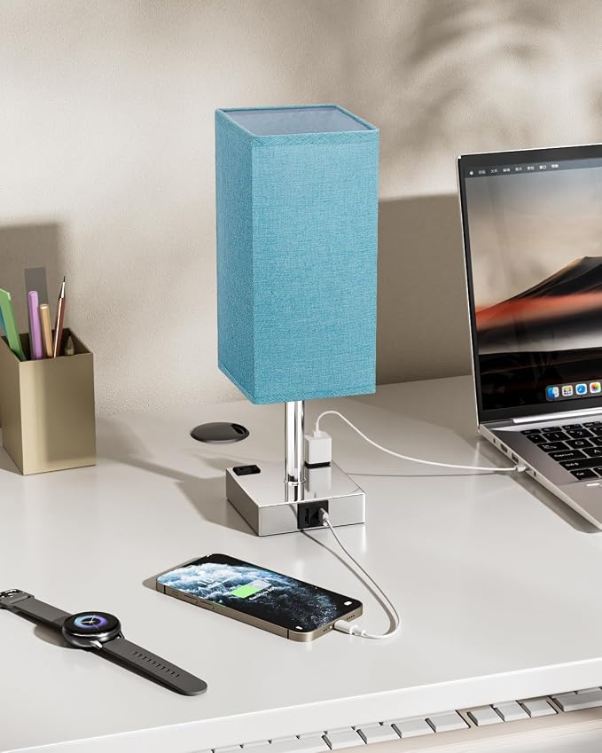 Turquoise Touch Table Lamp for Bedroom - Dimmable, USB C+A, 2 AC Outlets | 3-Way Dimming, 3000K Bulb Included, Square Teal Lampshade and Silver Base, Desk Lamp for Nightstand, Living Room, Green - Image 2