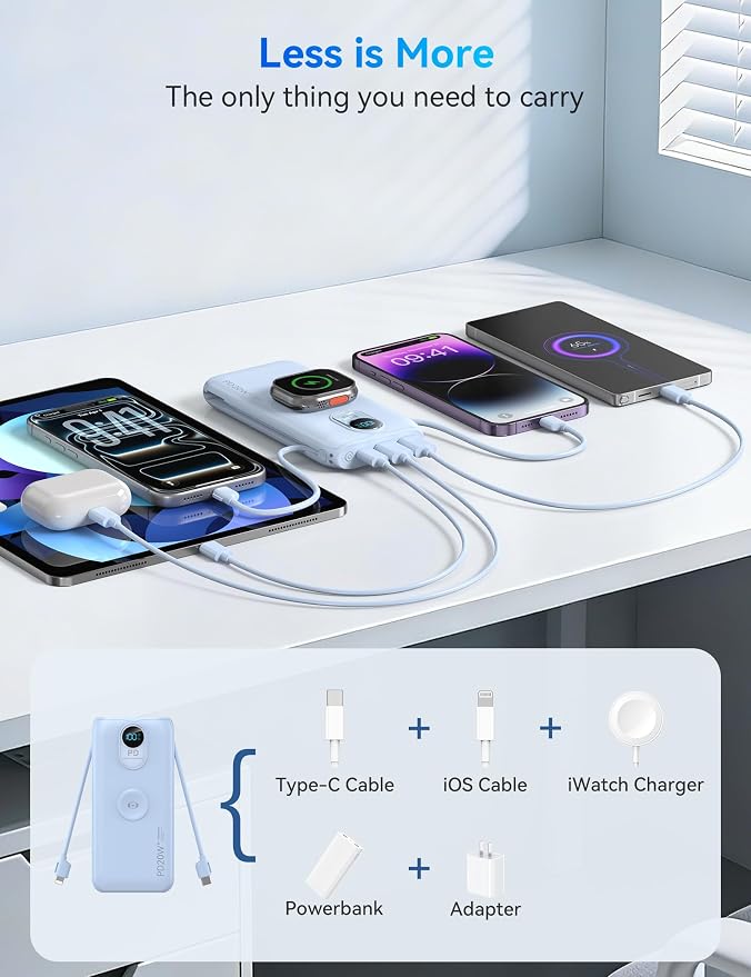 Portable Charger Power Bank 10000mAh PD20W w/Built-in Cables & AC Plug | Portable charger iphone,Fast charging, Built-in wall plug, LED display, Charge 6 devices at once, Pass through charging - Image 3