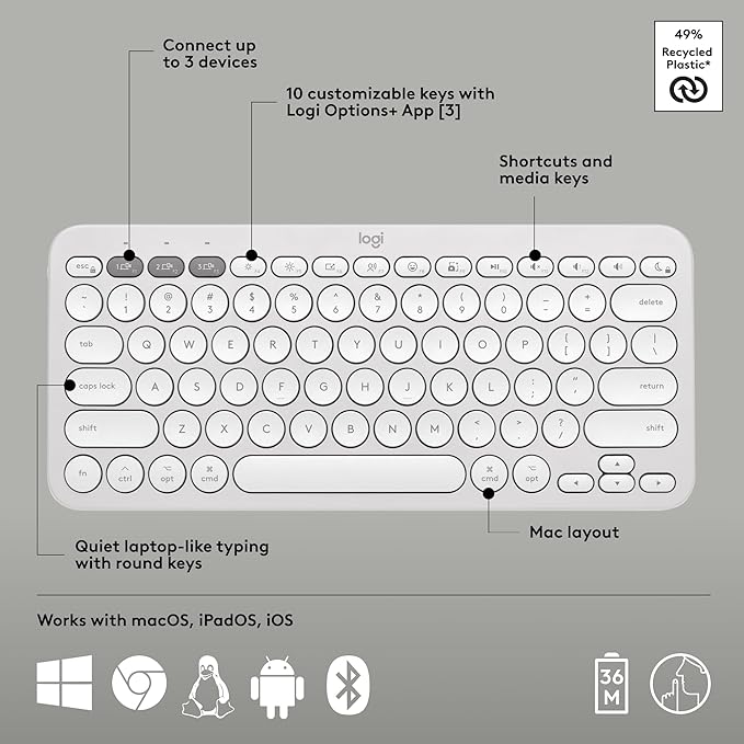 Logitech Pebble 2 Combo Mac Wireless Keyboard and Mouse - Tonal White | Slim, quiet, portable, customizable, Easy-Switch, for iPadOS - Image 6