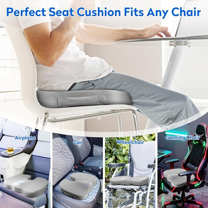 CushZone Memory Foam Seat Cushion for Office Chair & Car, Light Gray | U-shaped Coccyx Cutout, Contoured Design, Breathable Removable Mesh Cover, Non-Slip Base, Carry Handle - Image 5