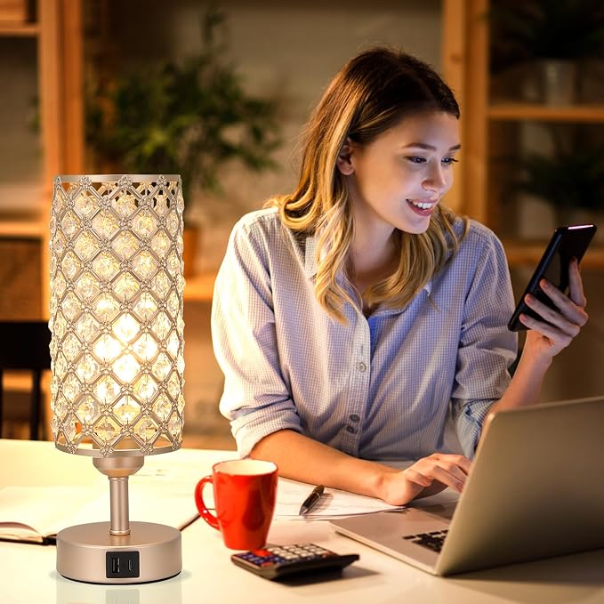 Crystal Table Lamp, 3 Way Dimmable Touch Lamps for Night Stands, Champagne | Champagne Gold Bedside Lamp, Nightstand Lamp for Bedroom (Bulb included) - Image 3