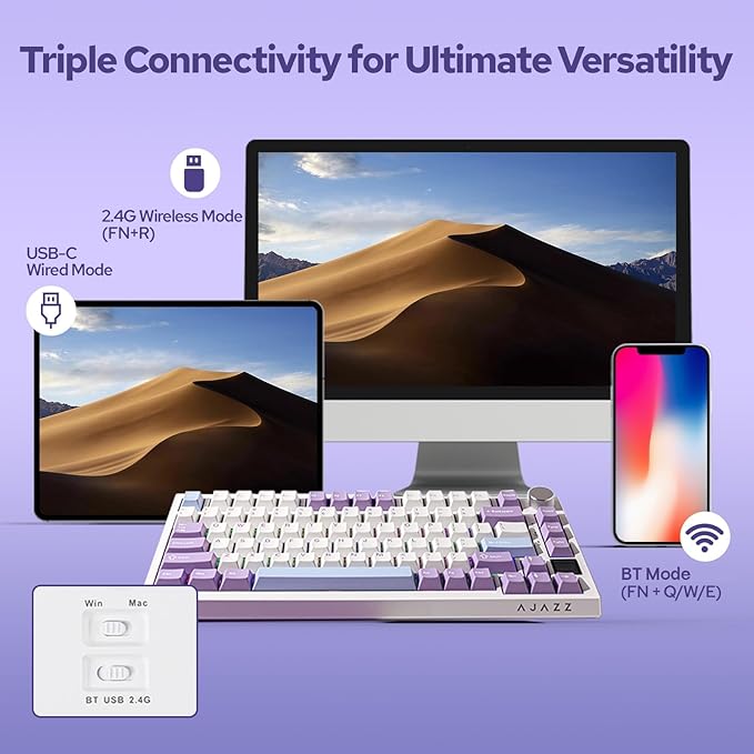 EPOMAKER Ajazz AK820 Pro Wireless Mechanical Keyboard with TFT Display&Knob | 75% Gasket-Mounted Gaming Keyboard, BT/2.4GHz/USB-C Wired, Creamy Keyboard for PC/Mac (Purple, Flying Fish Switch) - Image 4