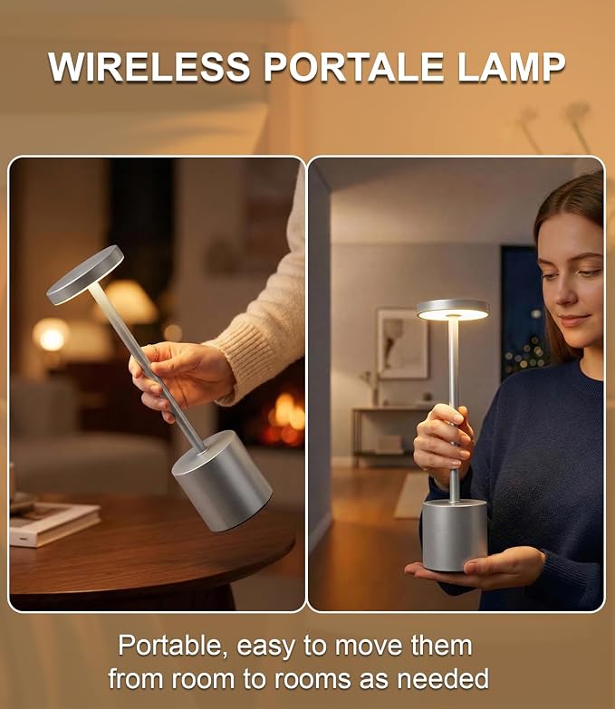 Silver Cordless Table Lamp Rechargeable - 2 Pack 5000mAH Battery Operated Lamp for Counter, 3 Color Stepless Dimming Waterproof LED Wireless Lamp for Dining Kitchen, Outdoor Patio, Touch Control - Image 6