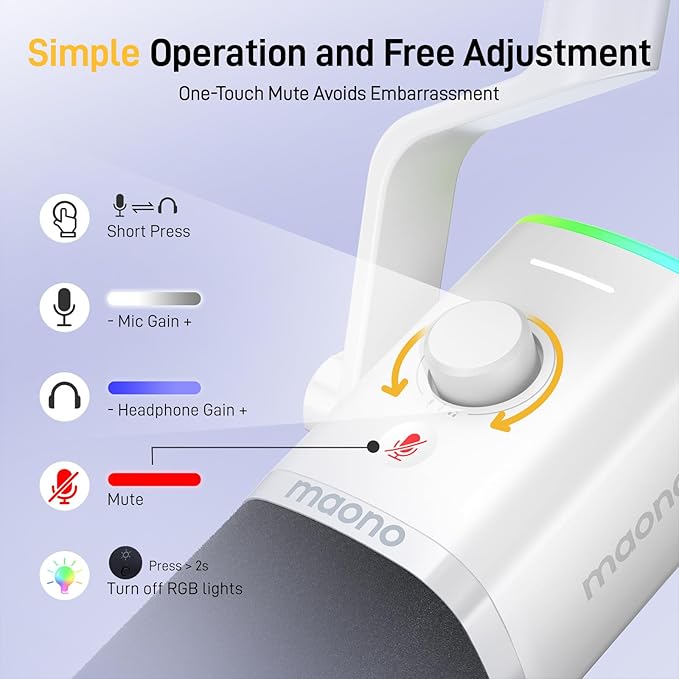 MAONO XLR/USB Gaming Microphone for PC, Dynamic Computer Mic for Streaming Podcasting, Noise Reduction, Mute, Volume Control, RGB Boom Mic for Vocal Recording,Voice-Over, PD100XS White - Image 4