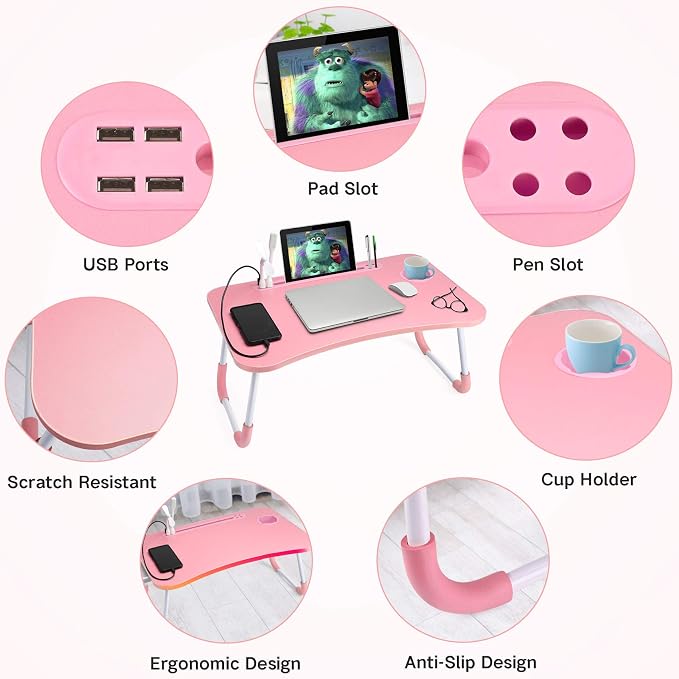 Slendor Foldable Lap Desk with Cup Holder for Bed, Couch, Floor | Portable,with USB Light, Fan, Pen Holder,Tablet Holder,for Laptop,Writing,Eating, Pink - Image 4
