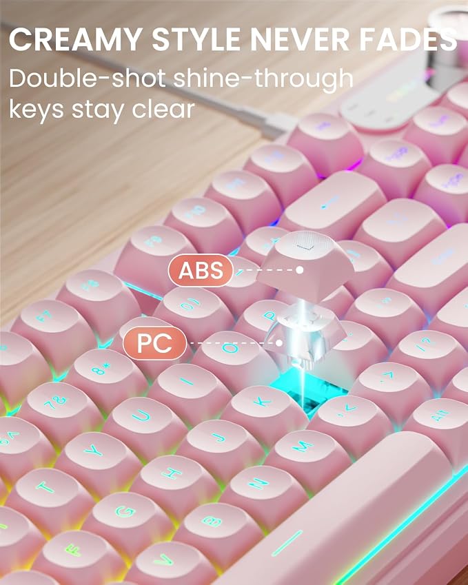 EWEADN Wired Keyboard and Mouse Combo with Detachable Wrist Rest, Quiet Ergonomic Keyboard Mouse Set with Multimedia Knob, RGB Backlit, Double-Shot Keycaps Natural Typing for Laptop, PC - Pink - Image 9