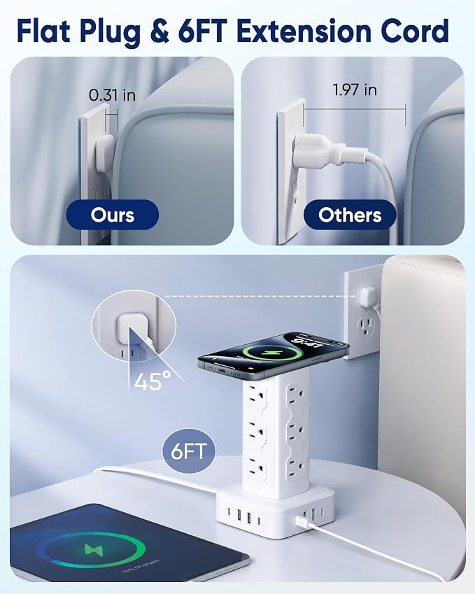 Power Strip Tower Surge Protector(2000J), PD65W Charging Station Tower with 12 AC Outlets & 8 USB Ports (4 USB C), 6FT Extension Cord for Home Office Dorm, White - Image 5