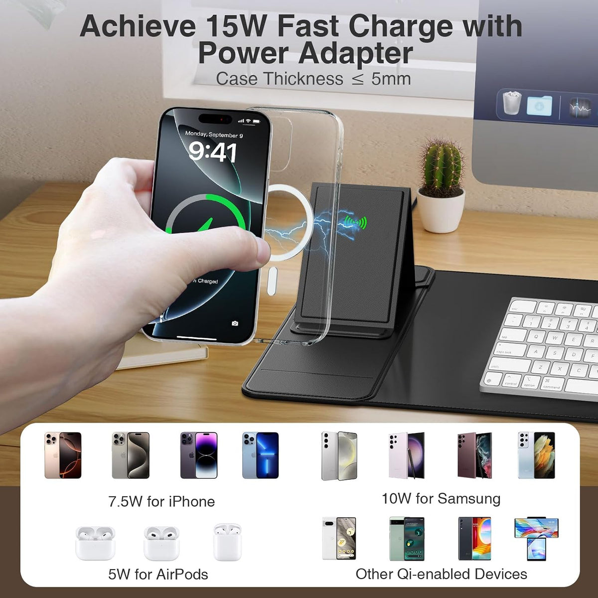 Mouse Pad with Wireless Charging & Foldable Phone Holder, 27.5"x11.8" Black - Image 7