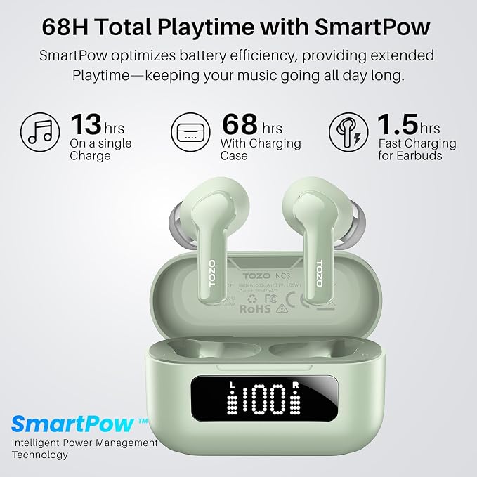 TOZO Hybrid Active Noise Cancelling in Ear Wireless Earbuds, 68H Playtime | 6 Mics AI Clear Calls, LED Display, 32 Preset EQs App, Bluetooth 5.3 Headphones, IPX8 Waterproof, Comfort Fit Ear Buds Green - Image 4