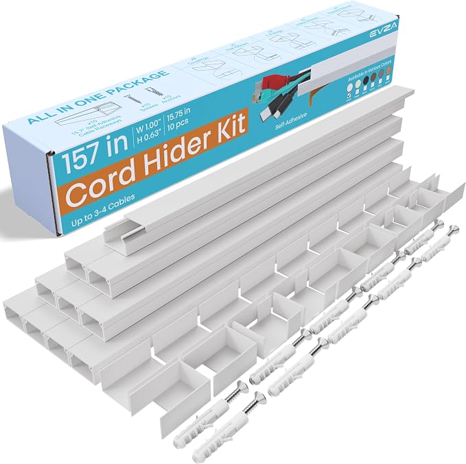 Cord Hider, Wire Cover, Cord Covers Wall Mounted TV, Cable Hider, 157 in Paintable White Raceway Kit, Electrical Cords Concealer, Cable Management, Hide Cords Wall, Wire Molding, Adhesive Channel by EVZA