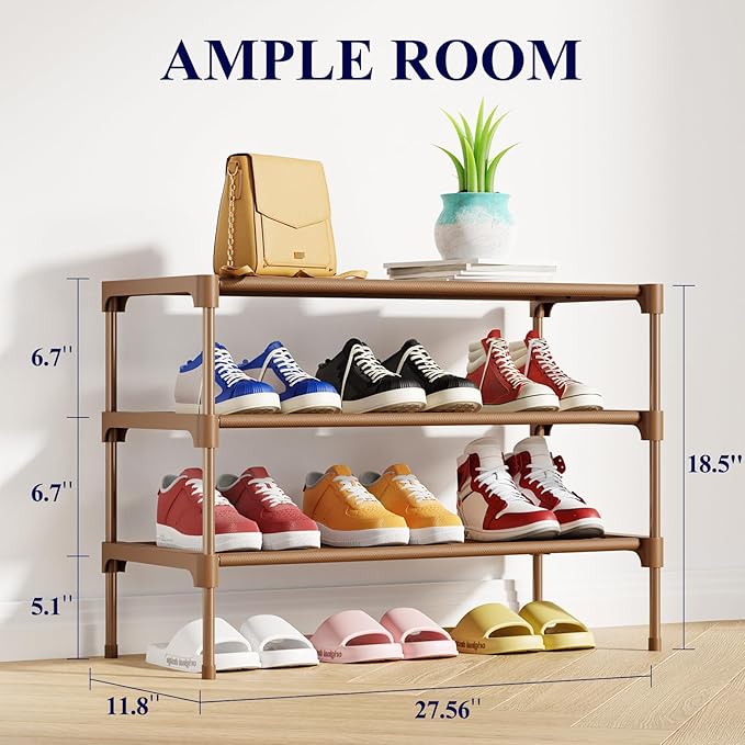Kitsure Shoe Rack - Non-Woven Shoe Rack Shelf, 27.5" Wide - 3 Tier, Brown | Shoe Organizer for Closet, Entryway, Garage, Stackable Shoe Shelves, college dorm&apartment essentials - Image 3