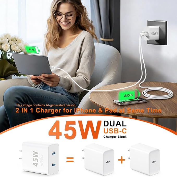 45W USB-C for iPhone 17 16 15 Pro Max Charger Fast Charging and Long Type C to C Cable Cord 10FT/6FT,PD 3.0 GaN Dual USB C Port Super Fast for iPhone 17 Pro/17 Air/16 Plus/15 Series/Pad/Galaxy S24/S25 - Image 4