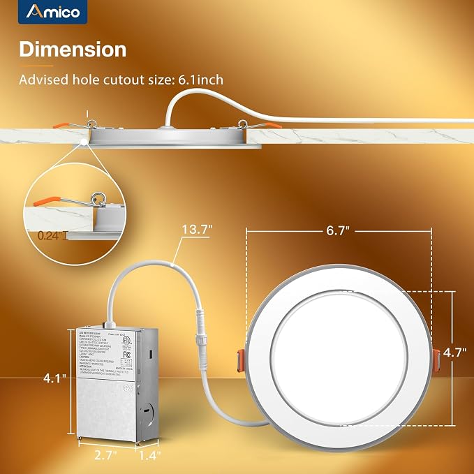 Amico 12 Pack 6 Inch 5CCT LED Recessed Light with Double Ring Night Light | 2700-5000K Selectable Ultra-Thin Recessed Ceiling Lighting, 12W=110W, 1100LM, Dimmable Canless Wafer Downlight, ETL, FCC - Image 5