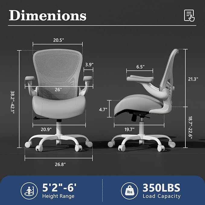 GYI Ergonomic Office Chair with Memory Foam Cushion, Computer Desk Chair | 4.7" Thickened Seat , 3D Flip-up Arms, Adjustable Lumbar Support, 350 lbs Capacity, Grey - Image 2