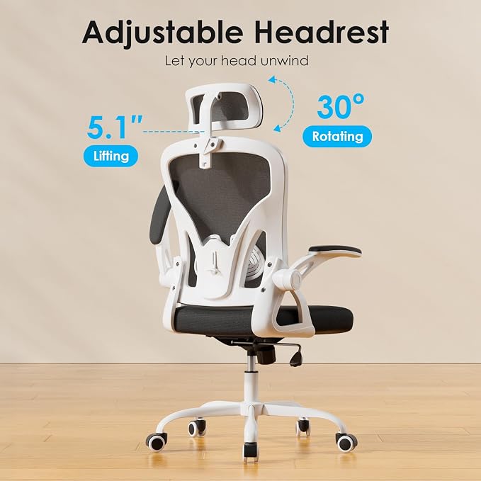 Farini Ergonomic Office Chairs with Headrest, Set of 4, White & Black | High Back Swivel Computer Chair, Adjustable Armrests and Lumbar Support,Desk Chair for Home Office Bedroom - Image 4