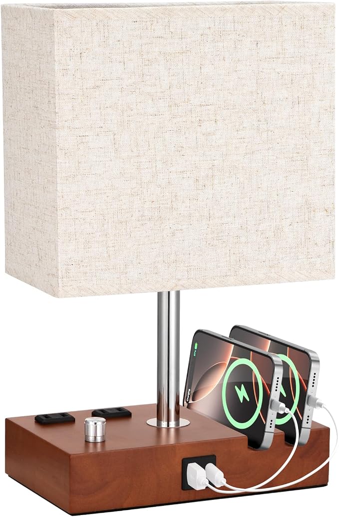 Brown Wood Grain Bedside Lamp - Stepless Dimmable, USB C+A, 2 AC Outlets | Dimming By Rotary Knob, USB C+A Ports, 2 Phone Stands, LED Bulbs Included, Rectangle Beige Lampshade, for Living Room, Desk - Image 7