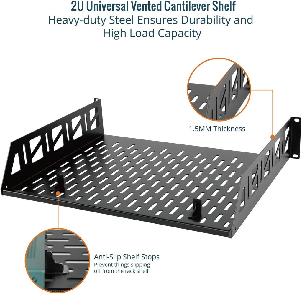 Tecmojo 2 Pack 2U Rack Shelf,19 inch Rack Mount Shelf 14 inch Depth,with Anti-Slip Stops,Server Rack Shelf and Network Shelf for 19 in Equipments, 55lbs Capacity of Vented 2U Shelf,Black,No Lip - Image 3
