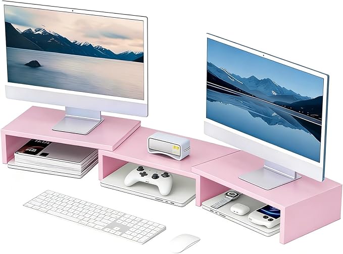 Desk Organizers and Accessories, Dual Monitor Stand Riser, Monitor Desk Shelf for Desktop Organization (Pink) by Tensirock