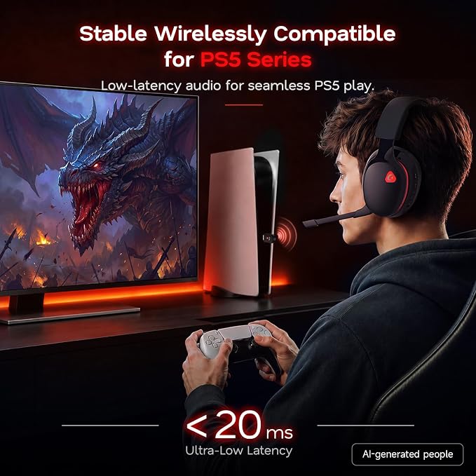 AOC 2.4GHz Wireless Gaming Headset for PS5, PS4, PC, Switch, 45Hr, BlackRed | Bluetooth 6.0 Gaming Headphones with Noise Canceling Mic, 7.1 Virtual Surround, Great for Fortnite & Call of Duty/FPS Gamers - Image 2
