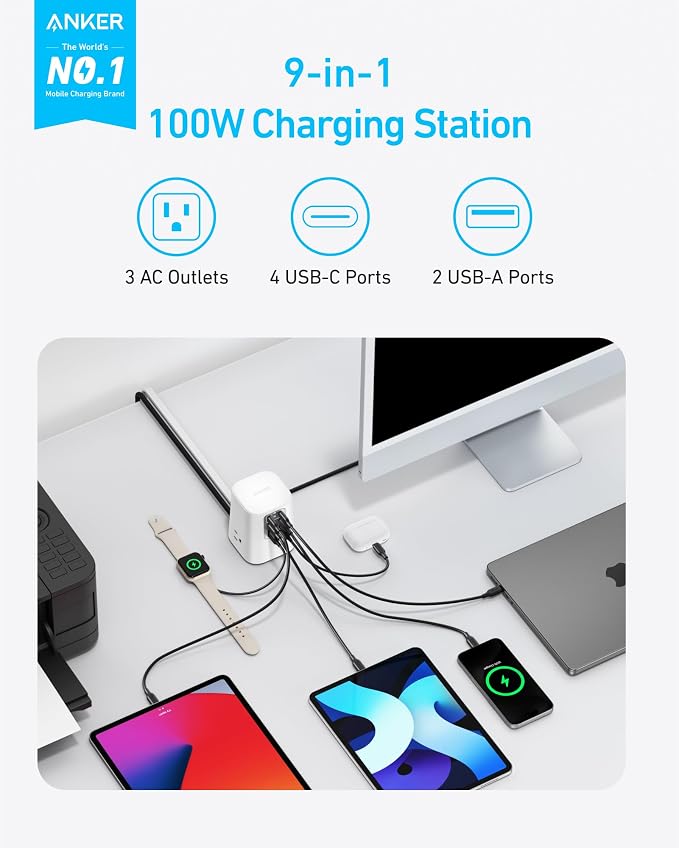 Anker Desktop Charger, 9-in-1 Power Strip with 300J Surge Protector, 100W | USB C Charger with 3 AC, 4 USB C, 2 USB A, 5ft Flat Plug Extension Cord with Multiple Devices, Home Office, Desk Accessories - Image 2
