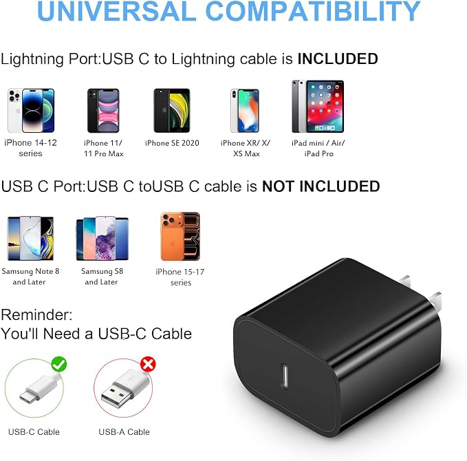 iPhone Fast Charger 3+3Pack 20W USB C Wall Charger with 6FT Fast Charging Cable Compatible with iPhone 14/13/12/11/Pro/Pro Max-Black - Image 4