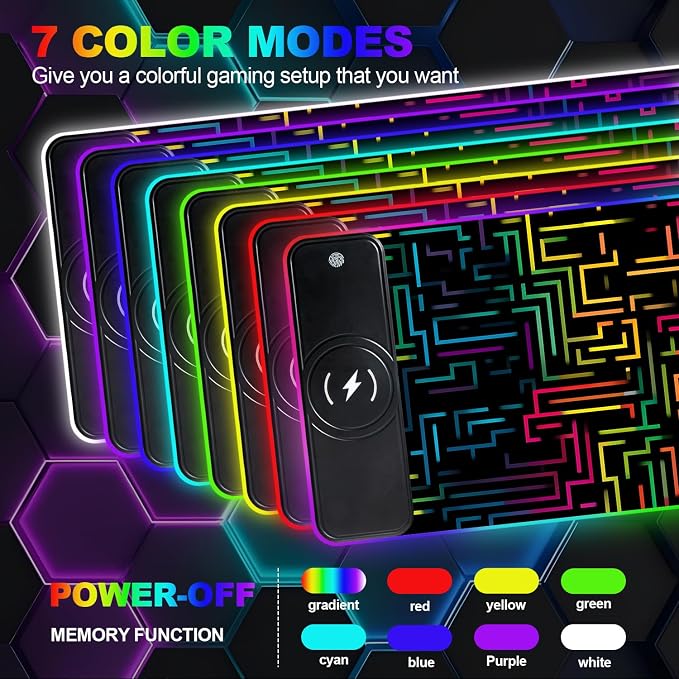 Wireless Charging RGB Gaming Mouse Pad, 31.5 x 11.8 Inch Extended Mouse Mat with Neon Geometric Line Design, LED Desk Pad with 7 Lighting Modes, Non-Slip Base for Gaming & Office - Image 3