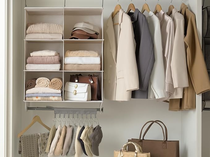 StorageWorks Hanging Closet Organizer with Rod, 6 Sections, 3 Tiers, White | Maximize Closet Space with 6 Open Sections and Built-in Rod for Hanging Clothes Below - Image 2