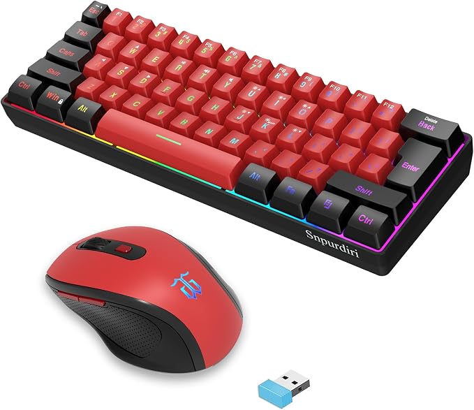 Snpurdiri 2.4G 60% Wireless Gaming Keyboard and Mouse Combo (Black and Red) | Small Wireless Gaming Keyboard and Ergonomic Vertical Feel Small Mouse by Snpurdiri