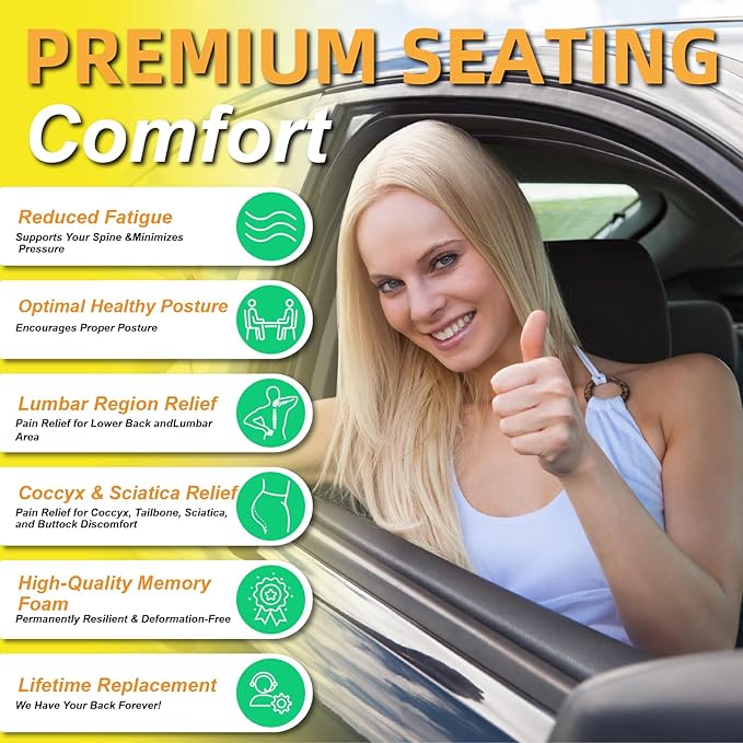 kingphenix Car Seat Cushion with Back Support Pillow, Memory Foam, Black | Memory Foam Car Cushion for Long Driving, Truck, Office Chair, Tailbone and Lower Back Support - Image 2