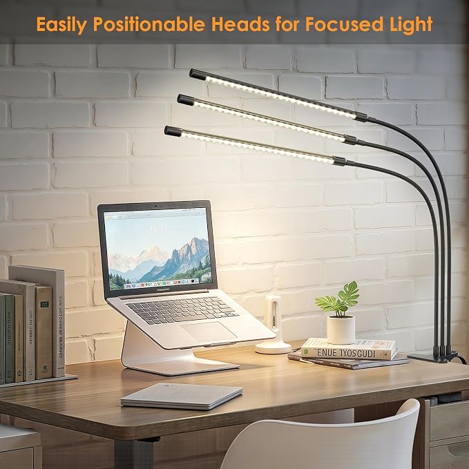 ShineTech 3-Head LED Desk Lamp with Clamp, Eye-Caring Clip on Lights | Ultra-Wide Lighting, 4 Color Modes, Stepless Brightness, Flexible Gooseneck, Memory Function & Auto-Off Time for Home Office - Image 8