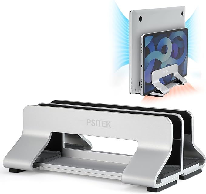 Aluminum Dual Vertical Laptop Stand Dock Holder, Supports 2 Devices, Adjustable Slot Width 15-36mm, Space-Saving Upright Storage for MacBook and Laptops by Psitek