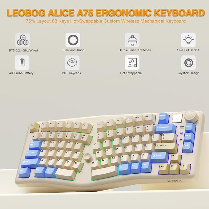 LEOBOG A75 Alice Ergonomic Wireless Mechanical Keyboard with Joystick Knob | 75% Ergonomic Split Layout, Tri-Mode, Multifunction Knob, RGB Backlight, Top Mount Structure, Hot Swappable Linear Switches - Image 2