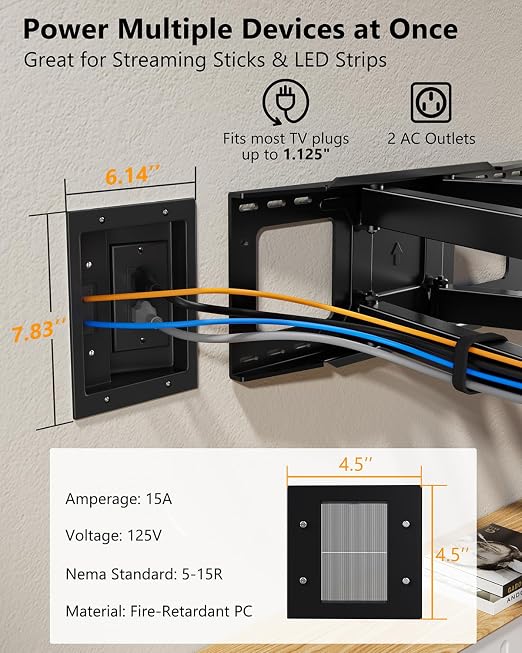 FORGING MOUNT in-Wall Cable Management Kit with Recessed Power Outlet Box,Cord Hider for Wall Mounted TV,Brush Plate,9.3ft Cord,–Easy,Safe Management for Organized TV and Home Theater Setups-Black - Image 3