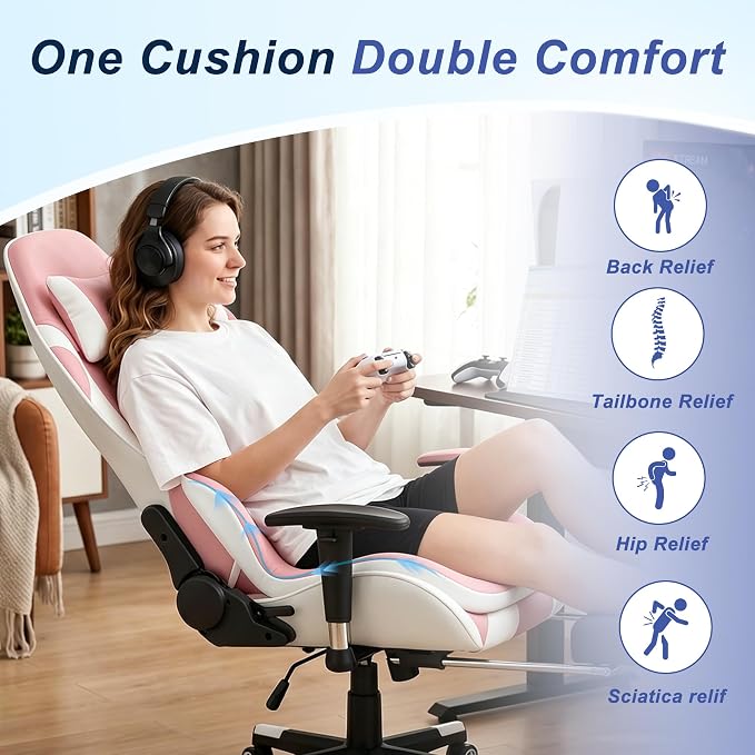 Seat Cushion for Office Chair and Car, Ergonomic Memory Foam Seat Cushion with Lumbar Support Pillow, Orthopedic Cushion for Sciatica & Back Pain, Pink & Light Gray - Image 4