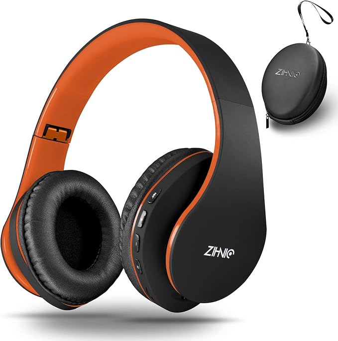ZIHNIC Bluetooth Headphones Over-Ear, Foldable Wireless and Wired Stereo Headset Micro SD/TF, FM for Cell Phone,PC,Soft Earmuffs &Light Weight for Prolonged Wearing(Black/Orange) by ENJOYMUSICLIFEWITHZIHNICHEADPHONES