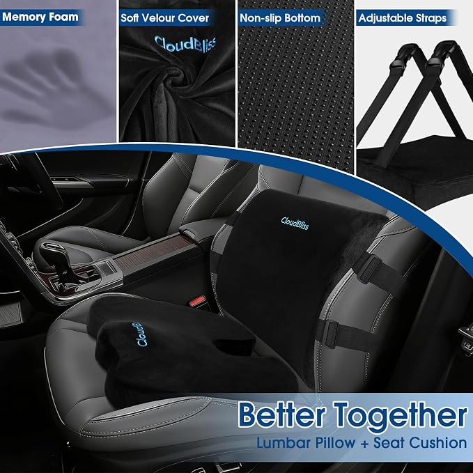 CloudBliss Ergonomic Seat Cushion & Lumbar Support Pillow Set, Black, XL | Back Pain & Sciatica Relief, Memory Foam Support, Adjustable Straps, Machine Washable Velvet, Perfect for Office, Car, Gaming - Image 3
