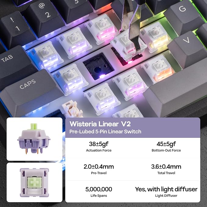 EPOMAKER Galaxy100 Lite QMK/VIA Gaming Keyboard with 8000mAh Battery | 1800 Aluminum Mechanical Keyboard with Numpad, USB-C/BT/2.4Ghz, Hot-Swap, Creamy Sound (Black, Wisteria Linear Switch) - Image 7