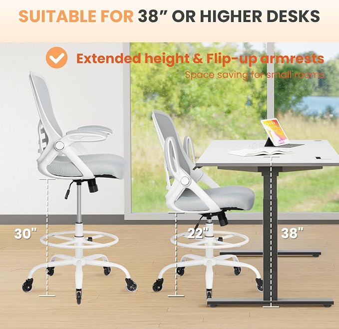 Drafting Chair Tall Office, Ergonomic Standing Desk Stool Adjustable Drafting Chair Big Tall Drafting Office Chair White - Image 3