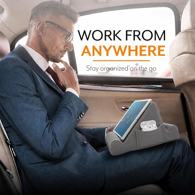 Brookstone Tablet Lap Cushion - Tablet/Phone/Ebook Holder for Bed, Flights, and Travel, Memory Foam Lap Desk for Reading and Hands Free Viewing, Compatible iPad and Kindle Accessories, Grey - Image 4