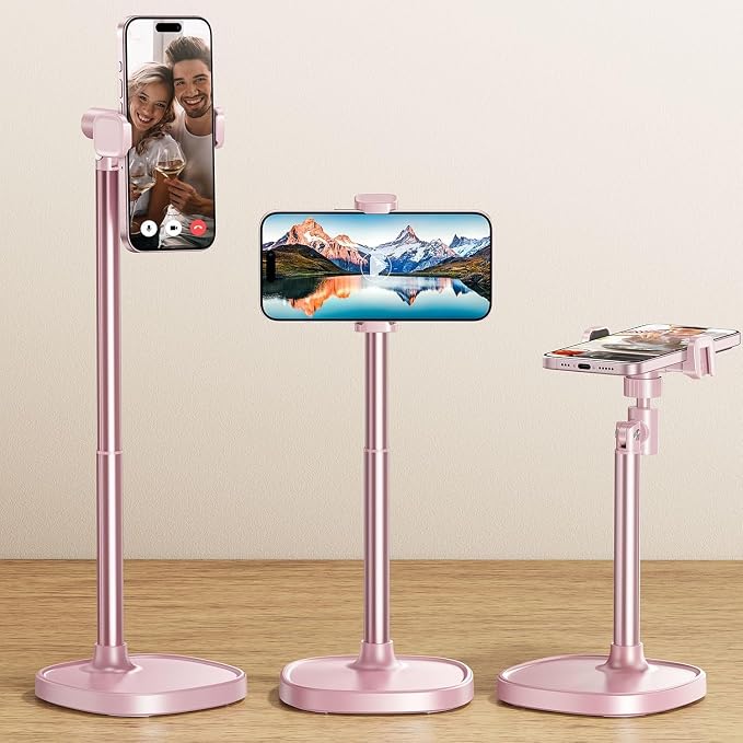 DIMONCOAT Cell Phone Stand for Desk, Stocking Stuffers Gifts for Teens Girls Boys Adults，Phone Holder Angle Height Adjustable, Aluminum Alloy Universal iPhone Stand for iPhone 17 16 15 Pro Max -Pink | Aluminum Alloy Universal iPhone Holder, Retractable... by DIMONCOAT