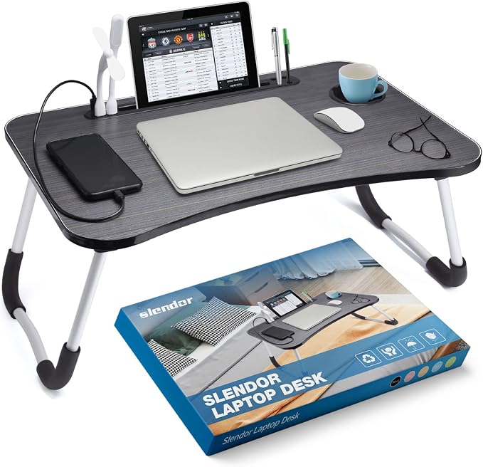 Slendor Foldable Lap Desk with Cup Holder for Bed, Couch, Floor | Portable,with USB Light, Fan, Pen Holder,Tablet Holder,for Laptop,Writing,Eating, Black by Slendor
