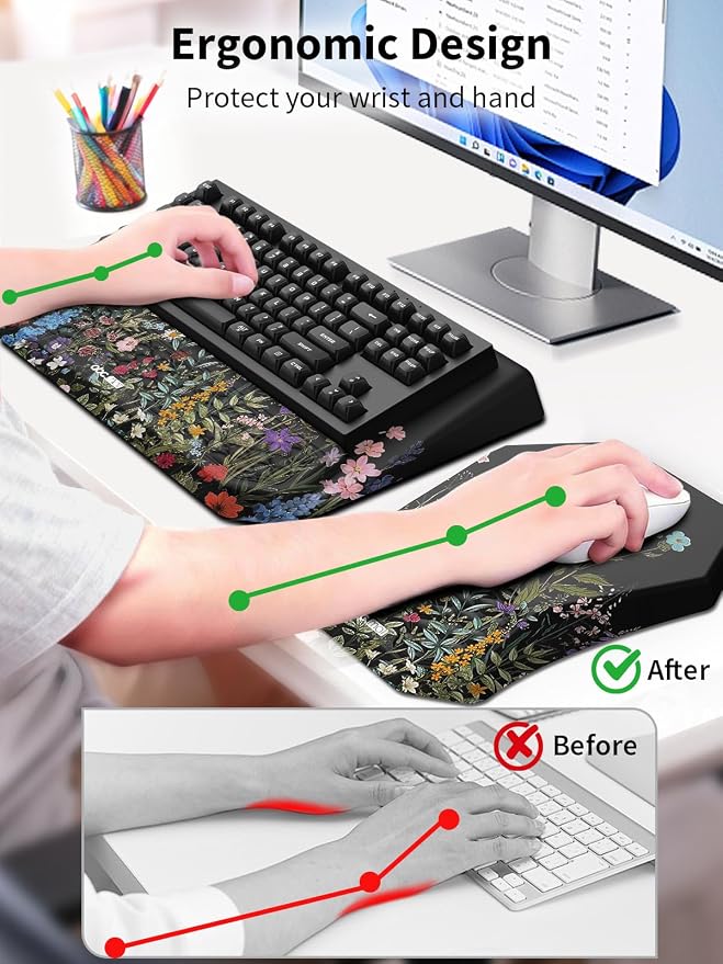 3-in-1 Ergonomic Keyboard Stand with Wrist Rest & Mouse Pad Set, Flower | Comfy Keyboard Riser Holder Soft Mousepad with Massage Design, Memory Foam and Non-Slip PU Base for Pain Relief - Image 2