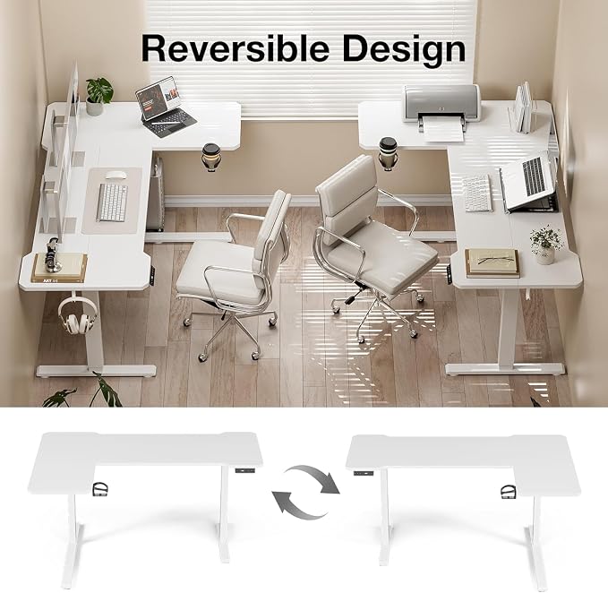 L Shaped Electric Standing Desk - 59x40 Inch Reversible Corner Sit Stand Desk with Hook&Cup Holder,Electric Height Adjustable Table,for Home Office Gaming Computer Desk, White - Image 5