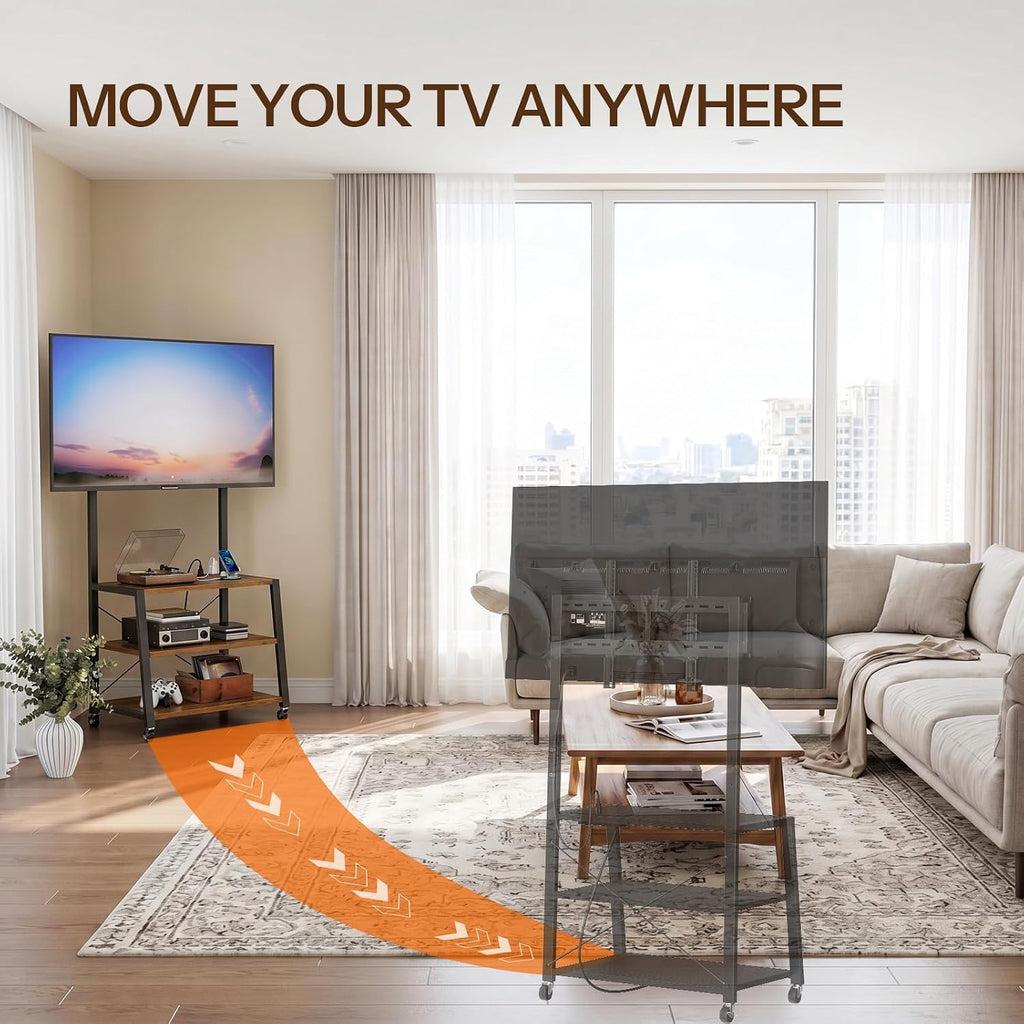 HOOBRO Rolling TV Stand with Mount and Power Outlet Up to 55 inch TV, Corner Entertainment Center, Small TV Stand with 3-Tier Storage Shelves for Living Room, Bedroom, Rustic Brown and Black BF66UDS01 - Image 4